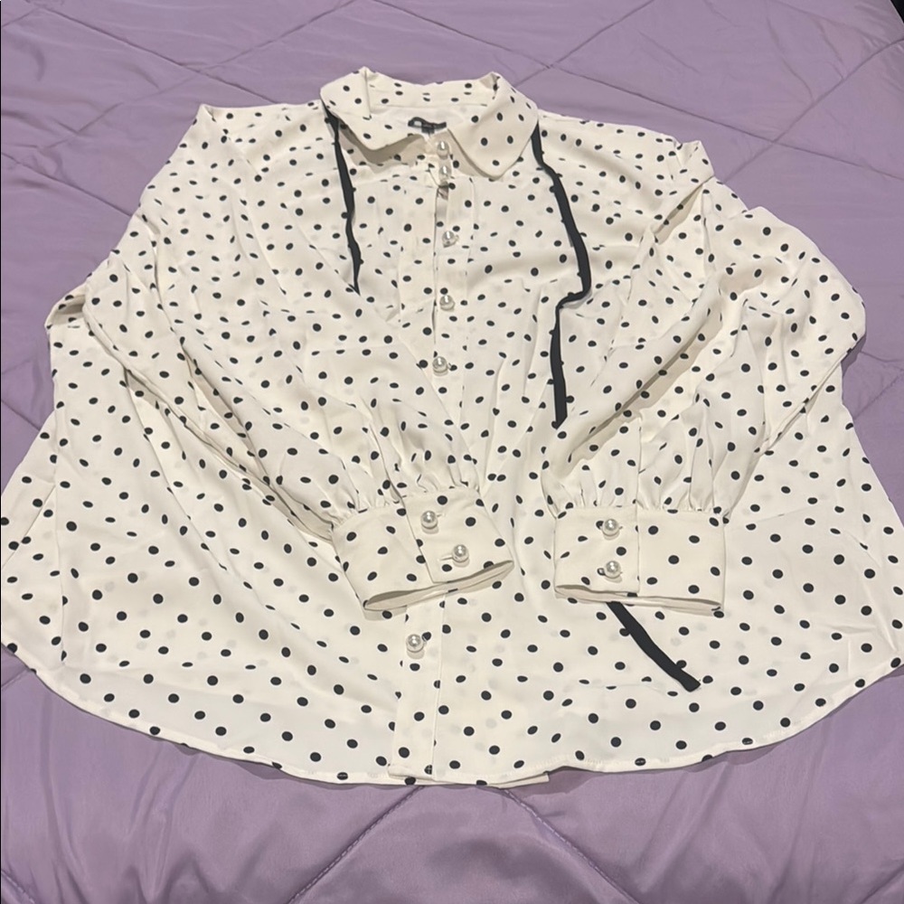 Talbots White and Black Polka Dot Button Down Shirt
